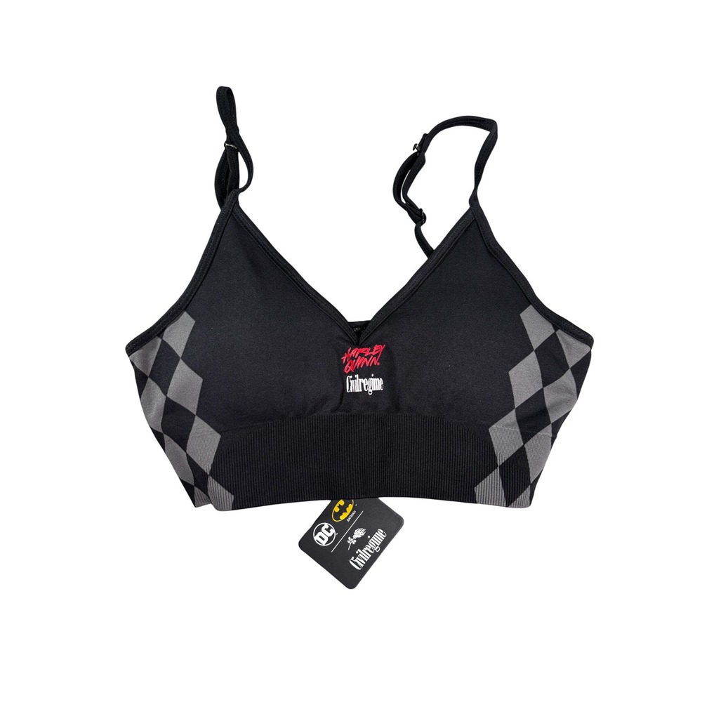 Civil Regime x DC Comics Harley Quinn Sports Bra Black Grey Argyle Womens Medium